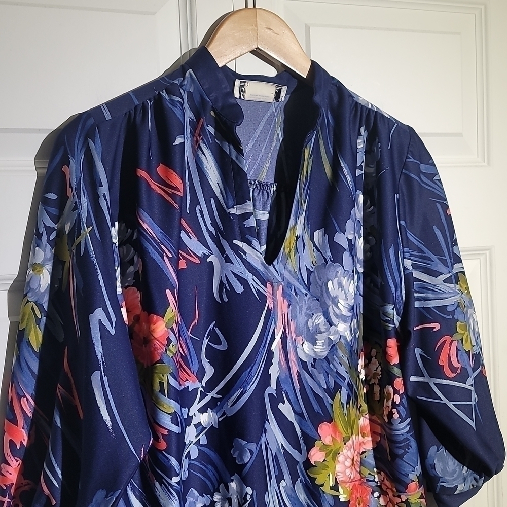 TEDDI of California Vintage 70's 3/4 Sleeve Floral Mandarin Neckline Blouse